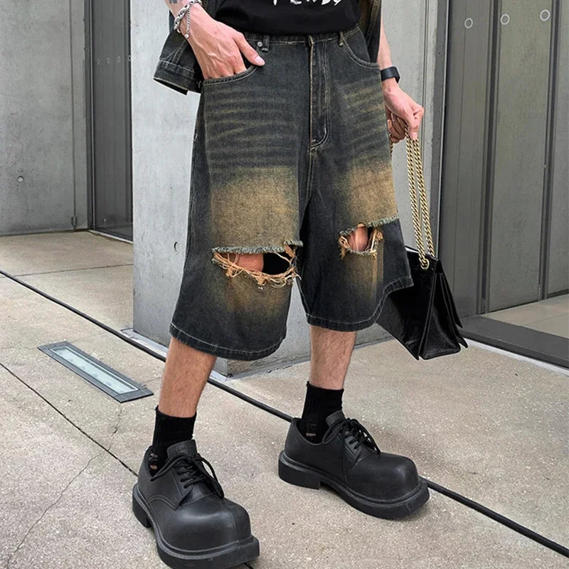 Hearujoy Ripped Hole Washed Yellow Mud Baggy Jeans for Men Straight Distressed Ropa Hombre Casual Denim Shorts Oversized Five Point Pants