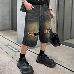 Hearujoy Ripped Hole Washed Yellow Mud Baggy Jeans for Men Straight Distressed Ropa Hombre Casual Denim Shorts Oversized Five Point Pants