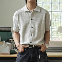 HEARUJOY  -  Men's Solid Color Knitted Short-Sleeved Shirt American Retro Fashion Trend Loose Casual Simple Breathable Niche New Men's Tops