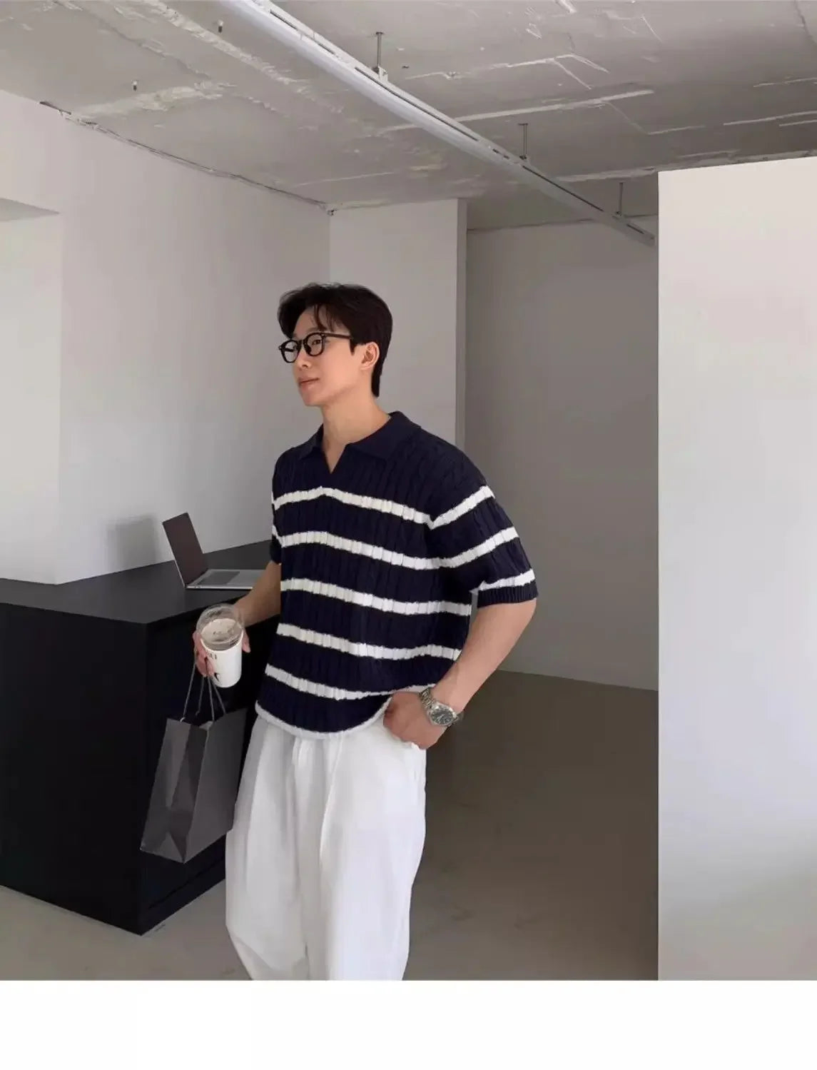 HEARUJOY  -  Twist striped knitted polo shirt short-sleeved men's Korean style slim and versatile casual lapel T-shirt trendy