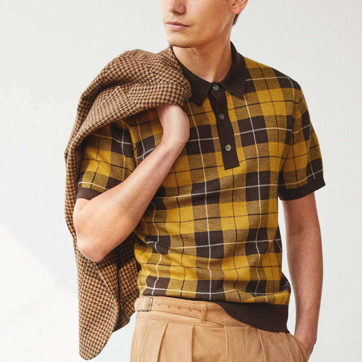 HEARUJOY  -  British Style Luxury Plaid Jacquard Knitted Polo Shirt For Men High Quality Short Sleeve Tops Spring Summer Fashion Kint Tshirts