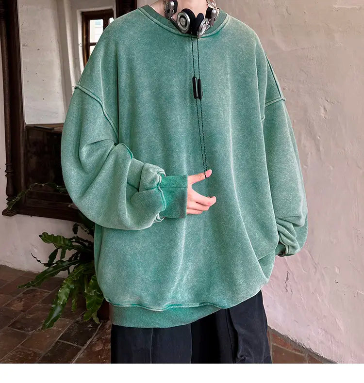HEARUJOY  -  American Washed Old Pullovers Sweatshirts Men Loose Solid Color 2025 Autumn Large Size Warm O Neck Tops Hip Hop Y2k Sweatshirt