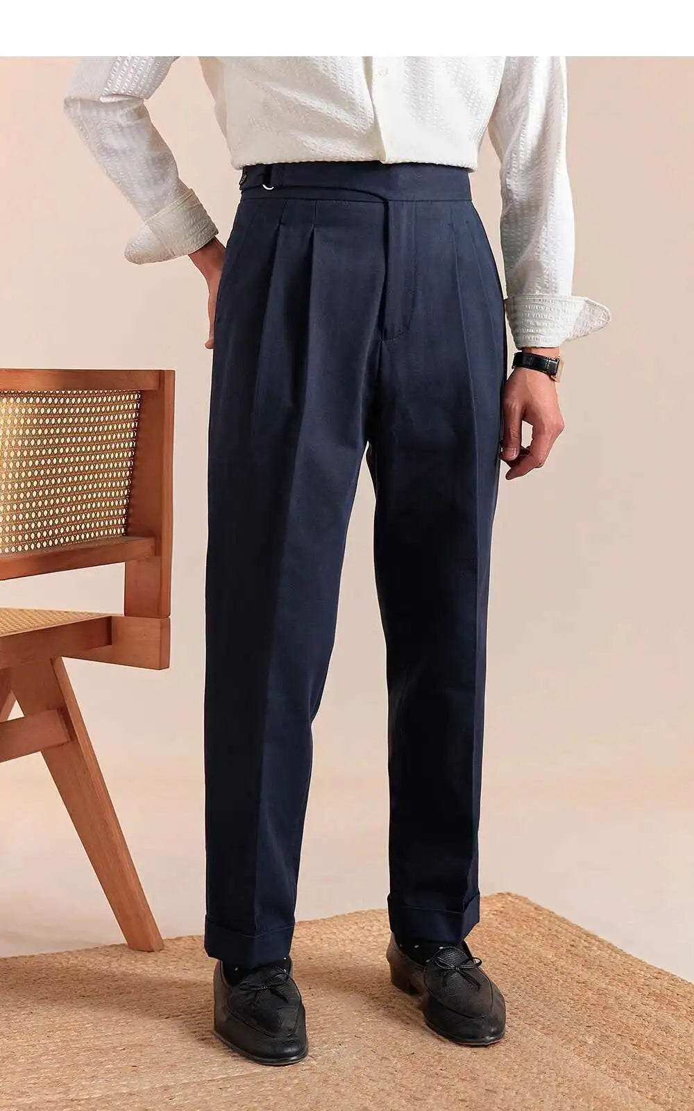 HEARUJOY  -  Pure Cotton Casual Pant Men Double Pleated High Waisted Breathable Trousers Business Casual Formal Pants Men Social Trousers