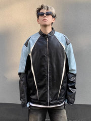 HEARUJOY  -  Men's Motorcycle Leather Jacket Color Block Racing PU Leather Coat Women Spring New Zip Up Stand Collar Hip Hop Street Outwear