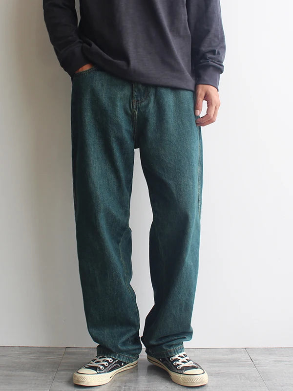 HEARUJOY  -  Spring/Fall Forest Green American Vintage Washed Jeans for Men Distressed Retro Style Straight-Leg Loose Fit Casual Denim Pants