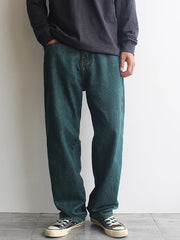 HEARUJOY  -  Spring/Fall Forest Green American Vintage Washed Jeans for Men Distressed Retro Style Straight-Leg Loose Fit Casual Denim Pants