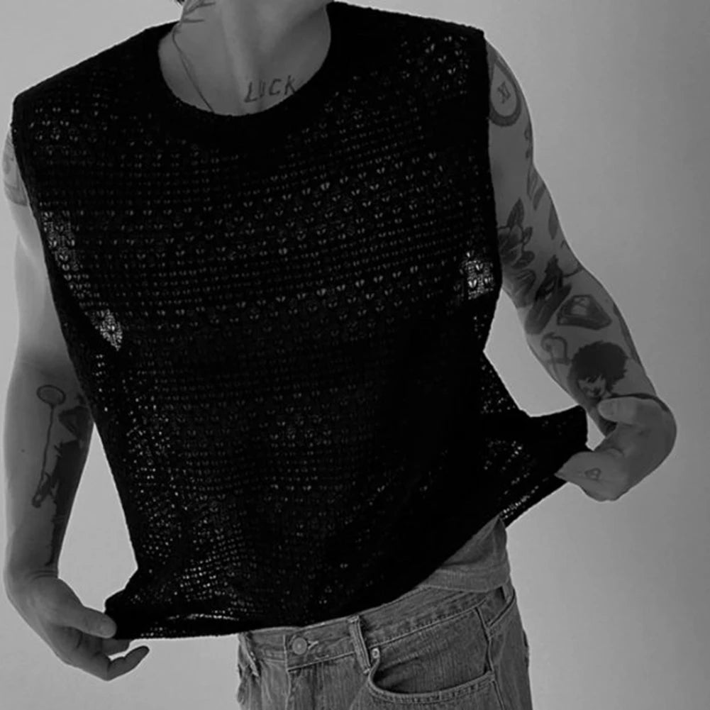 HEARUJOY  -  Casual Outings Summer Activities 2XL Men's Knitted Vest Daily Vacation Sleeveless Top Hollow Out Knitwear Loose Fit Design