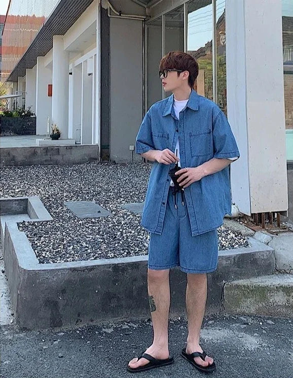HEARUJOY  -  Japanese Man Sets Work Clothes Loose Cool Two-piece Set New in Matching Elastic Baggy Korean Stylish Shirts Shorts Suits for Men