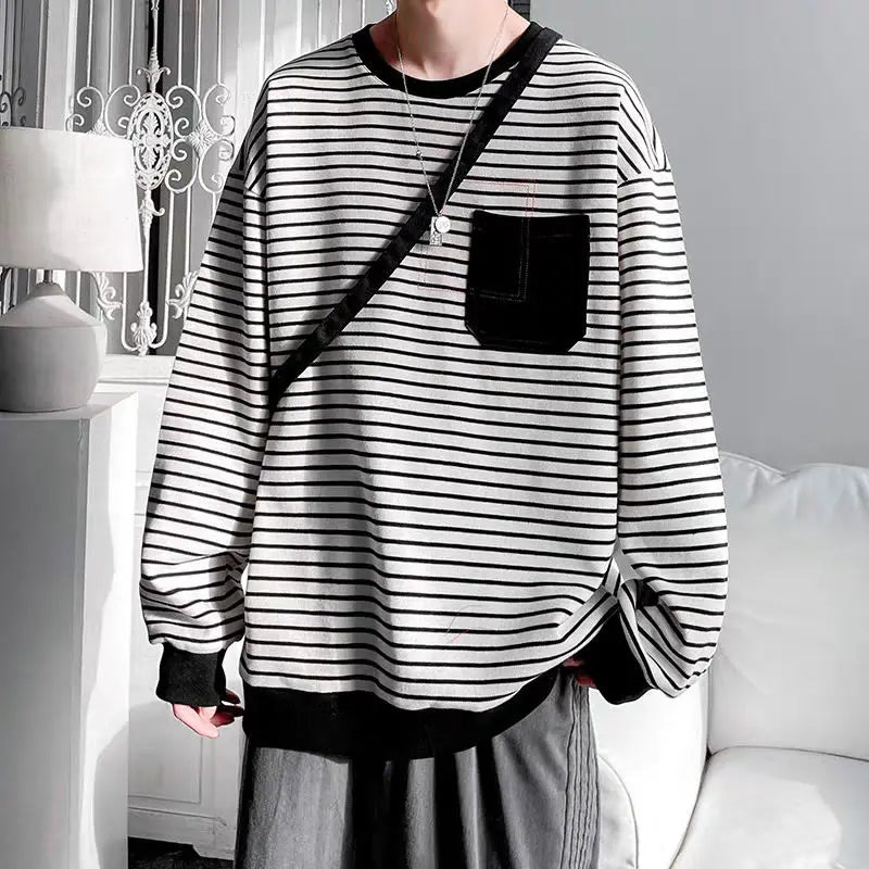 HEARUJOY  -  Men Trendy Striped Patchwork Streetwear Y2K Oversize Basic T-shirt Japanese Style Round Neck Long Sleeve Cotton Tops Ropa Hombre
