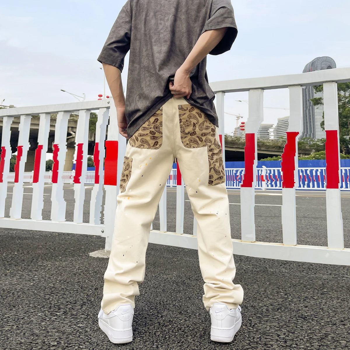 Hearujoy Hip Hop Khaki Cashew Flower Straight Leg Pants Overalls Ink Splashing Stitching Straight Canvas Trousers Retro Cargo Pants Men