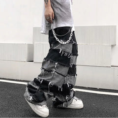 Hearujoy Jeans Men's Patchwork Wide Leg Lazy Style Hip Hop Loose Denim Pants Men Baggy Ripped Distressed Stacked Jeans Y2K Grunge