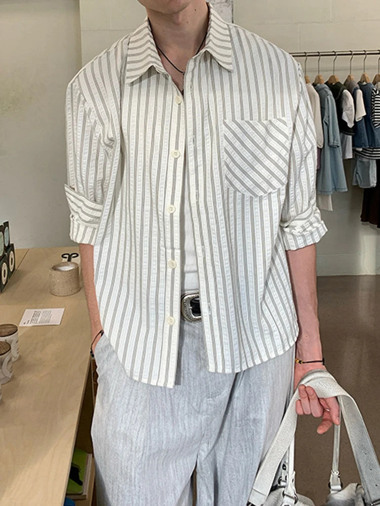 HEARUJOY  -  Spring Fall Casual Mens Striped Printed Shirt Long Sleeve Button-up Turn-down Collar Vintage Shirts Men Daily Leisure Cardigans