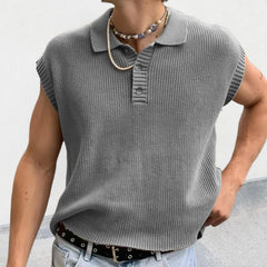 HEARUJOY  -  Fashion Mens Knit Polo Shirt Sleeveless Lapel Button Loose Tee Tops Spring Summer Casual Trend Polos Tshirt Men Clothing