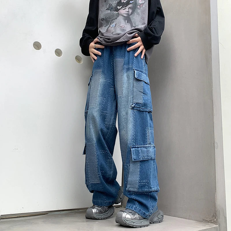 Hearujoy Vintage Patchwork Plaid Cargo Jeans Men Women Baggy Denim Trousers Streetwear Hip Hop Multi-Pockets Safari Style Casual