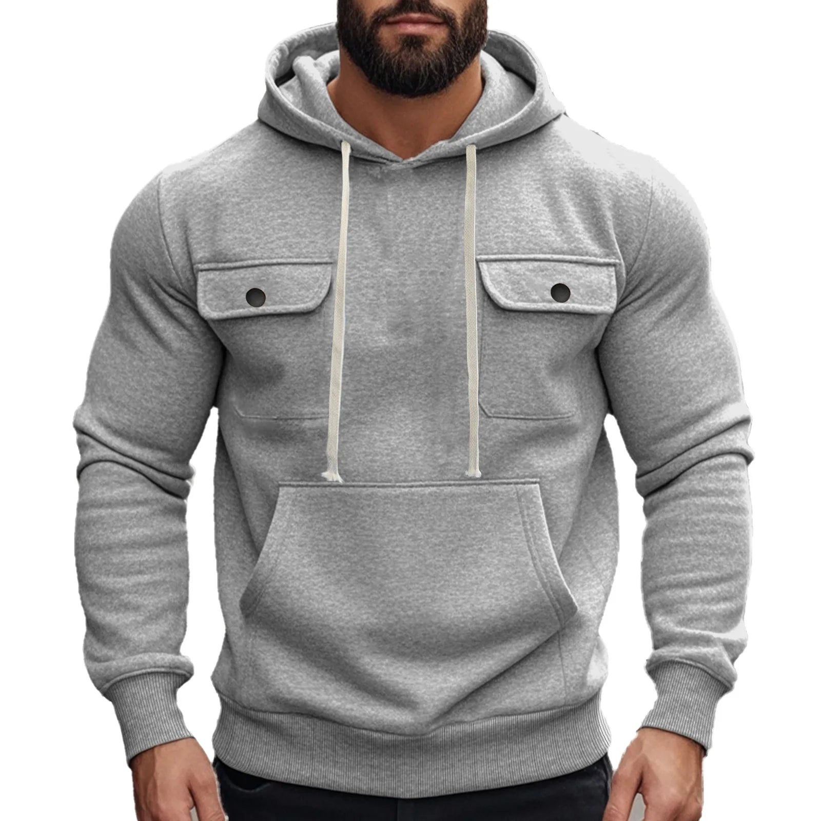 HEARUJOY  -  Heavy weight Hooded Sweatshirt Men Autumn Winter Plush Multi Pocket Workwear Hoodie Fashion Solid Color Pullover Top Blazer