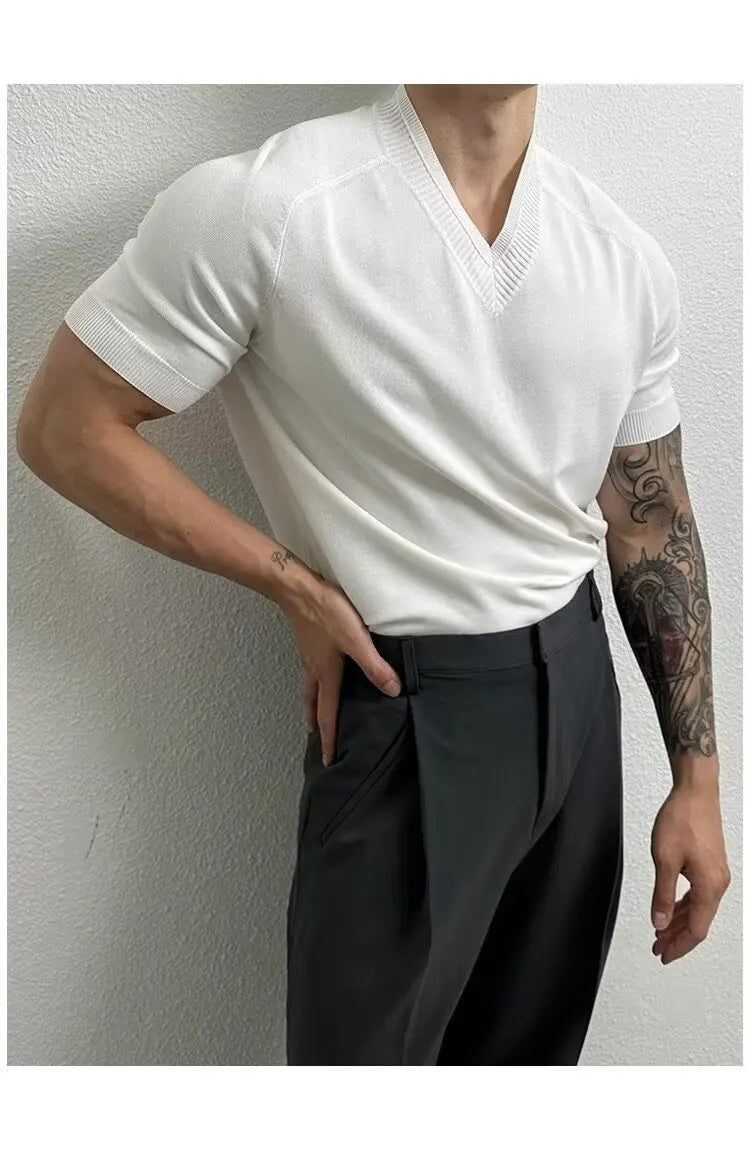 HEARUJOY  -  Men's Clothing Light Luxury Knit V Neck Short-sleeved T Shirt Solid Color Leisure Korean Popular Streetwear Retro Knitwear M-3XL