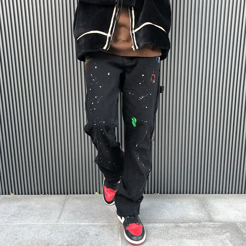 Hearujoy Streetwear Graffiti Cargo Flared Jeans Khaki Black Splash Ink Wide Leg Denim Pant Hip Hop Cargo Trousers Jean Men