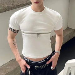 Hearujoy 2024 Men T Shirt Zipper Solid Color O-neck Short Sleeve Fashion Men Crop Tops Summer Streetwear Casual Camisetas Navy Navel Tees