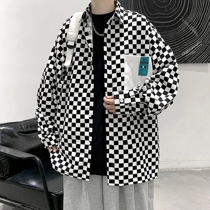 Hearujoy New Plaid Loose Casual Long Sleeved Shirt for Men Trendy Instagram Collar Top Clothes Stylish Jacket for Men