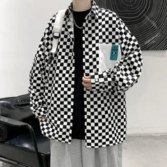 Hearujoy New Plaid Loose Casual Long Sleeved Shirt for Men Trendy Instagram Collar Top Clothes Stylish Jacket for Men