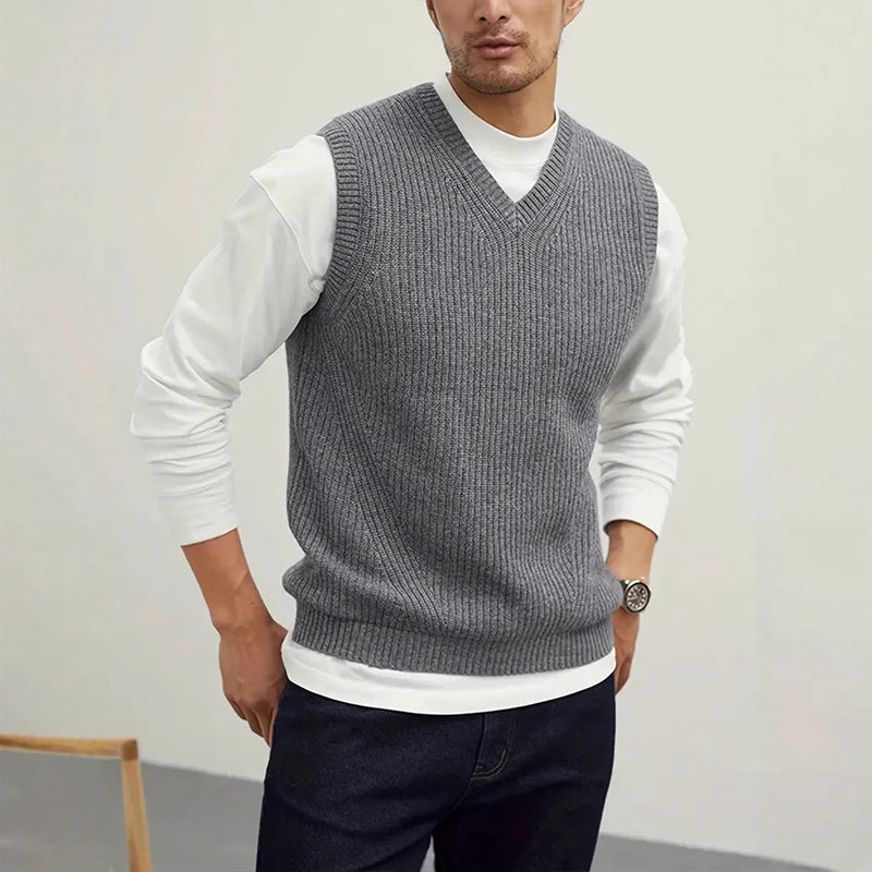 HEARUJOY  -  New Popular Preppy Style Men Sweater Vest Casual Knitted Streetwear Solid Color V Neck Waistcoat Leisure High Quality Knitwear