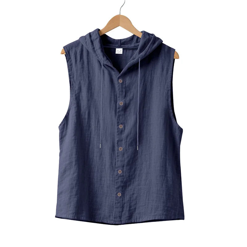 HEARUJOY  -  Summer Men's Casual Sleeveless Hooded Shirt, Linen Hooded Solid Color, Breathable and Loose Top