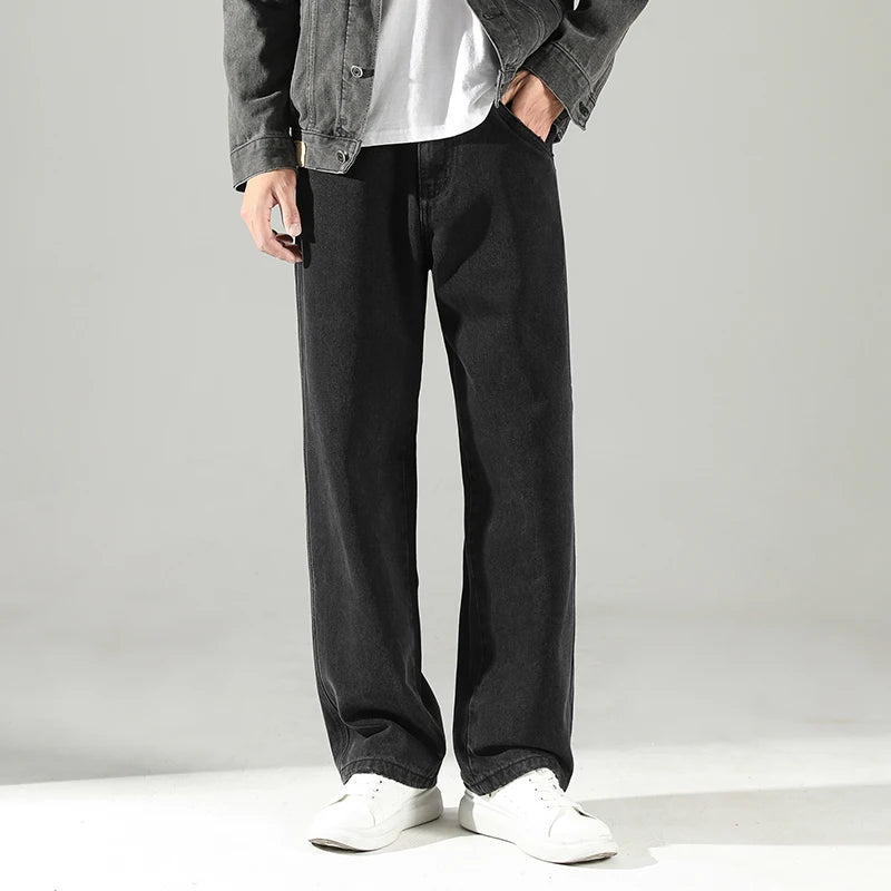 HEARUJOY  -  Men's Regular Straight-Leg Denim Jeans Oversized Black Denim Pants  Korean Streetwear Style Floor-Draping Fit Plus Size 40 Pants