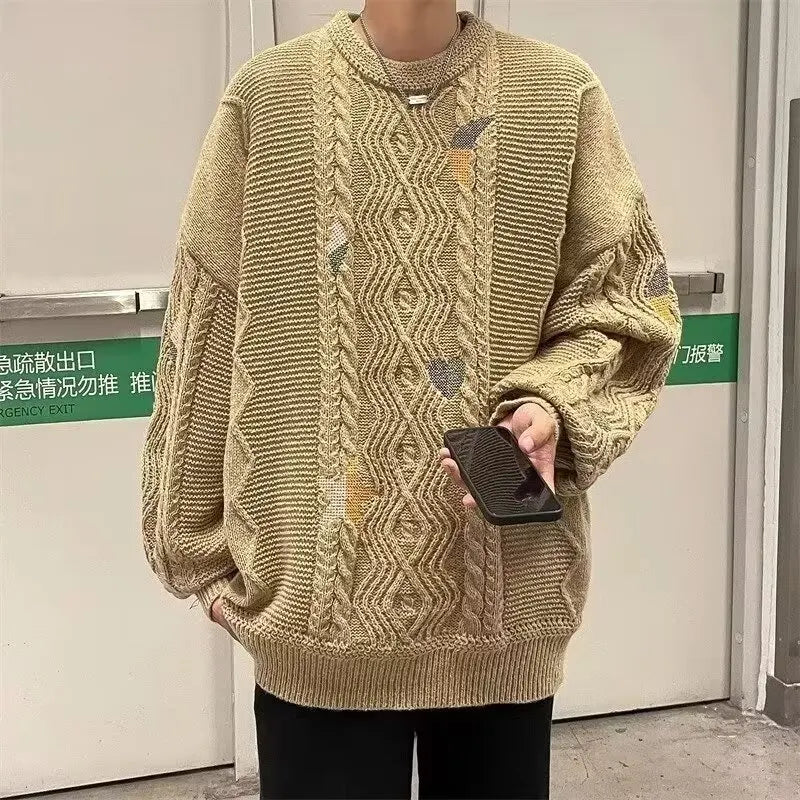 HEARUJOY  -  Retro Japanese Style Knitted Sweater for Men with Braided Design And Embroidery Oversize Lazy Style New Autumn Winter Collection