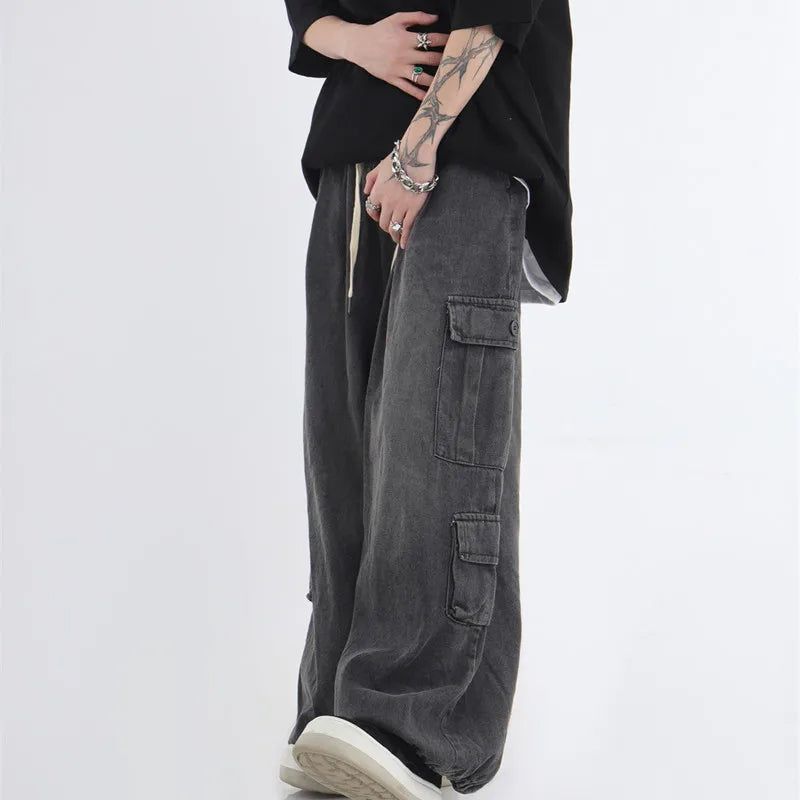 Hearujoy Baggy Cargo Jeans Men Oversize Wide Leg Denim Trousers Male Cargo Pants Japanese Casual Loose Streetwear Hip Hop