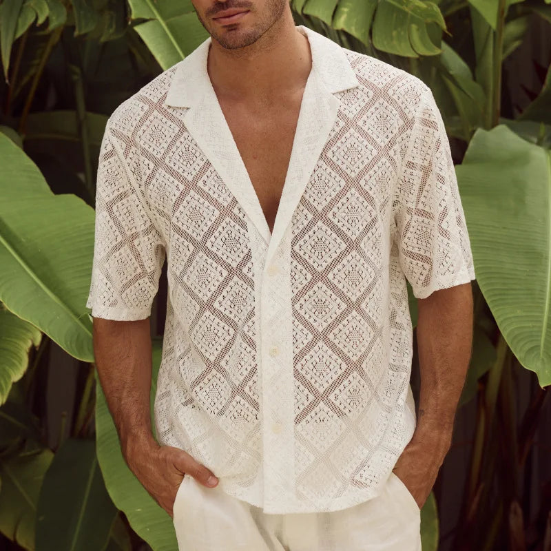 HEARUJOY  -  Summer Cool Shirt Men's Knitted Hollow Out Breathable Tops Fashion Short Sleeve Lapel Jacquard Shirts Casual Cardigan Streetwear