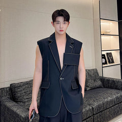 Hearujoy Personality Korean Fashion Design Long Suit Vest Mens Casual Long Suit Waistcoat Chic Style Sleeveless Jacket Gilet Homme