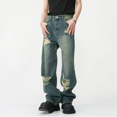 Hearujoy  Ripped Jeans for Men Wide Leg Pants Hip Hop Distressed Denim Trousers Male Vintage Casual Japanese Streetwear Hippie