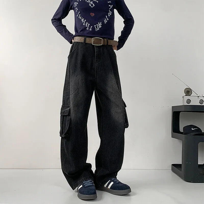HEARUJOY  -  Black Baggy Jeans Men Retro Pocket Jeans Men Vintage Trousers Streetwear Hip-hop Loose Wide Leg Jeans Mens Denim Cargo Pants