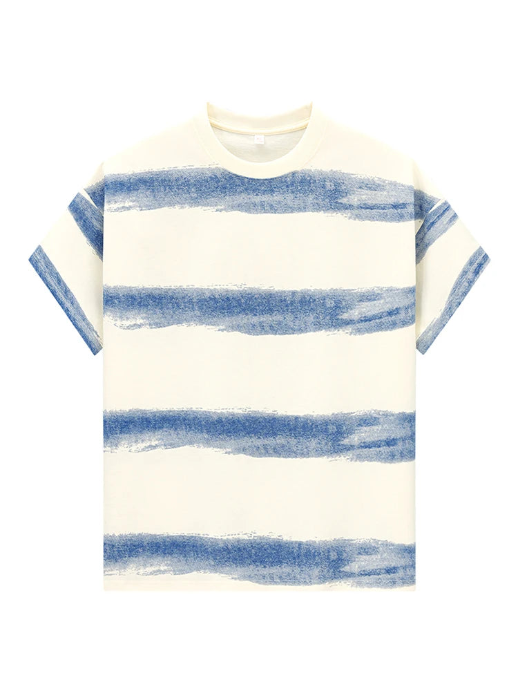 HEARUJOY  -  250G Cotton Summer T-shirts Men Korean Fashion Irregular Stripes Basic Tees Y2K Tops Short Sleeve Oversized T Shirts