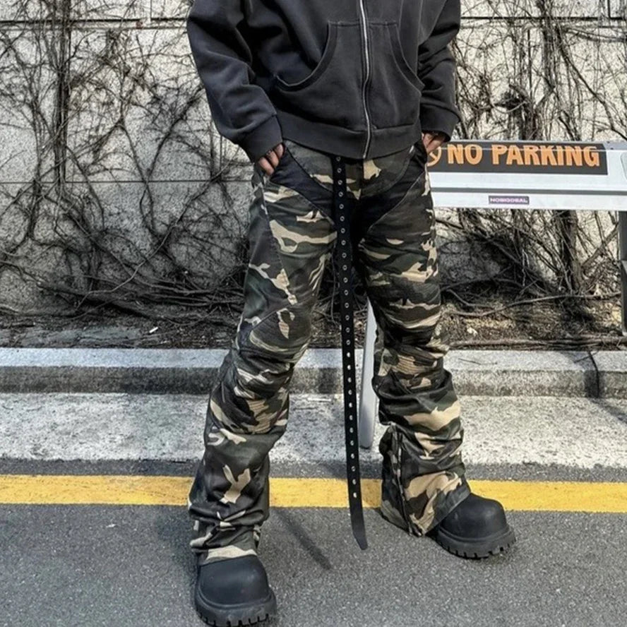Hearujoy Camouflage Coated Micro Flared Motorcycle Pants for Men Patchwork Baggy Jeans Ankle Zipper Boot Cut Oversized Denim Cargos
