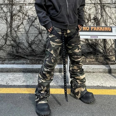 Hearujoy Camouflage Coated Micro Flared Motorcycle Pants for Men Patchwork Baggy Jeans Ankle Zipper Boot Cut Oversized Denim Cargos