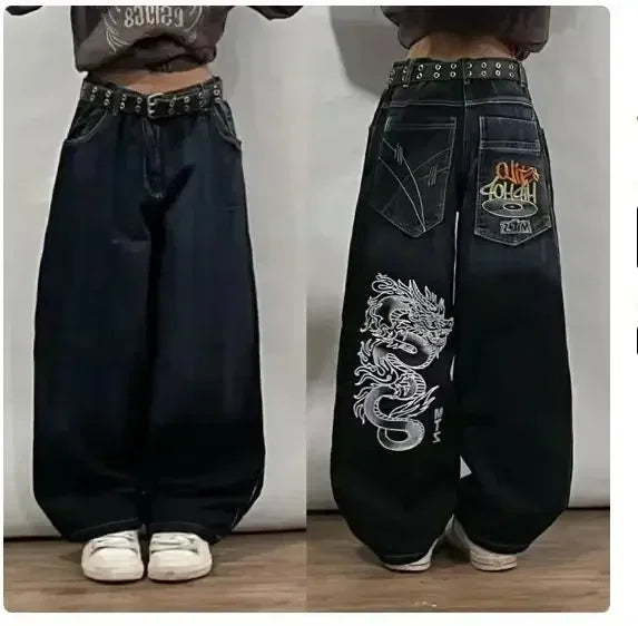 Hearujoy Y2K High Street Vintage Printed Pattern Jeans American Classic Wings Texture Jeans Couple Fashion Gothic Harajuku Wide Leg Pants