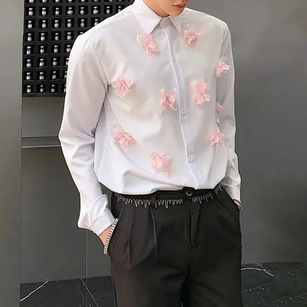 Hearujoy Mens French Floral Long-Sleeved Shirt Autumn Genderless Trendy Personality Stand-Up Collar Stage Performance Clothing Unisex