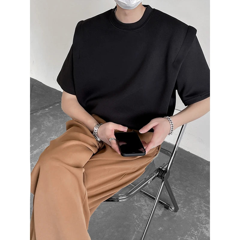 HEARUJOY  -  Summer Shoulder Pad T Shirt Men Fashion Black White Short Sleeved T-shirt Men Streetwear Korean Loose Casual T Shirt Mens Top