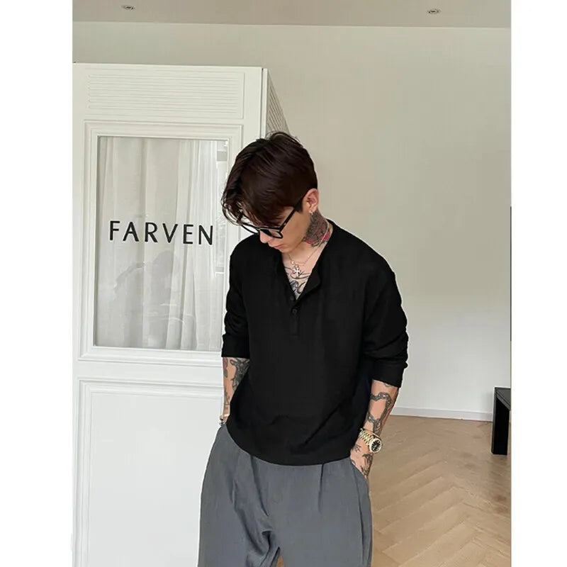 HEARUJOY  -  Spring Long Sleeved T-shirt Men Fashion Black Gray Casual T Shirt Men Streetwear Korean Loose Round Neck T Shirt Mens Top M-3XL