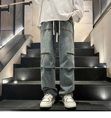 Hearujoy Oversize Zipper Workwear Jeans Straight Tube Loose American Plus Size Men's Pants High Street Vibe Trendy Brand Hip-hop