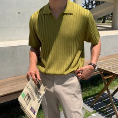 HEARUJOY  -  Men's Clothing Light Luxury Knitted Polo Shirt Casual Stripe V-Neck Solid Color Short Sleeve T-Shirt Breathable Fashion Knitwear