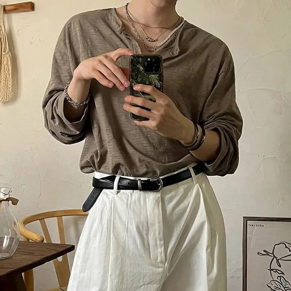 HEARUJOY  -  Mens T-Shirt Cotton Casual Thin T-Shirt Daily Basic Breathable Beach Vacation Camping Long-Sleeve Top Men'S Clothing