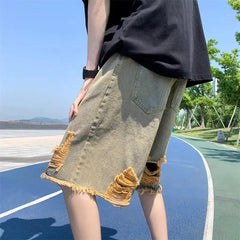 HEARUJOY  -  Baggy Man Denim Shorts Short Jeans Pants for Men Ripped Half Wide Bermuda with Pockets Long Loose Cowboy New in Rude Emo Cut Xl