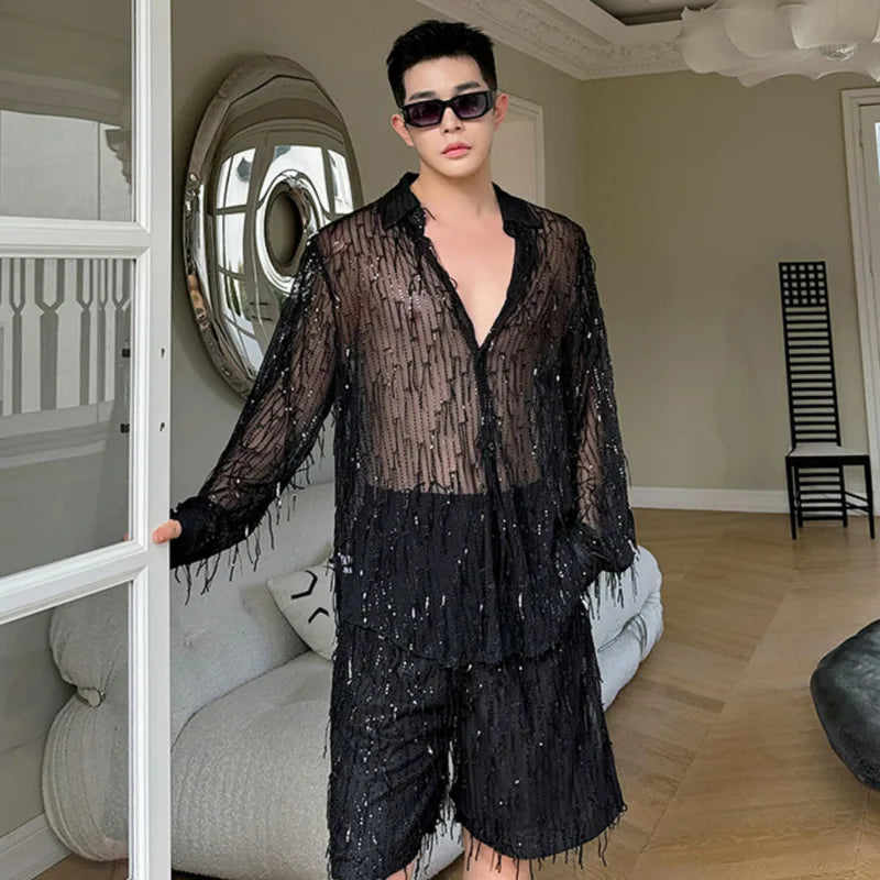 Hearujoy Casual Shorts Men's Korean Style Trend Sequin Tassel Solid Color Fashion Elastic Waist Male Pants Summer 9C5317