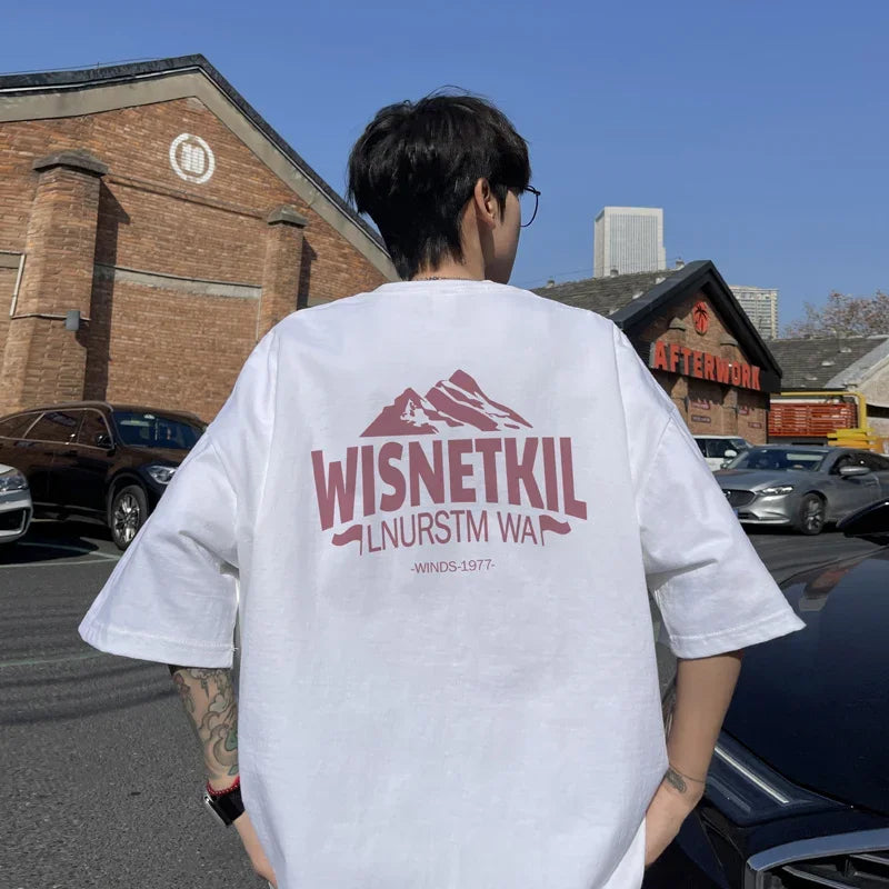 HEARUJOY  -  T Shirt Oversized Cotton For Men White Men's Mountain Print T-shirts 5XL Men Casual Wear Summer Tee Shirts Unisex Big Size