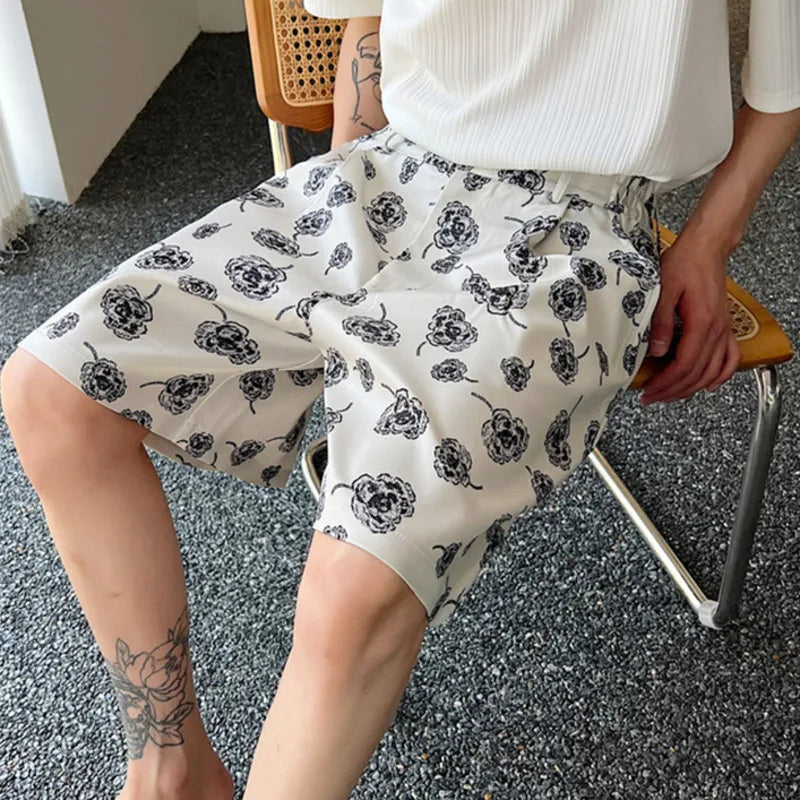 Hearujoy Male Summer Korean Printing Casual Shorts Wide Leg Knee Lenght Flowers Short Pants Men's Trendy Loose Everyday 9A8876