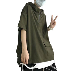 HEARUJOY  -  Pullover Men Tops Hoodie Loose Pocket Polyester Casual Harajuku Hip Hop Hooded Short Sleeve Solid Color Sweatshirt