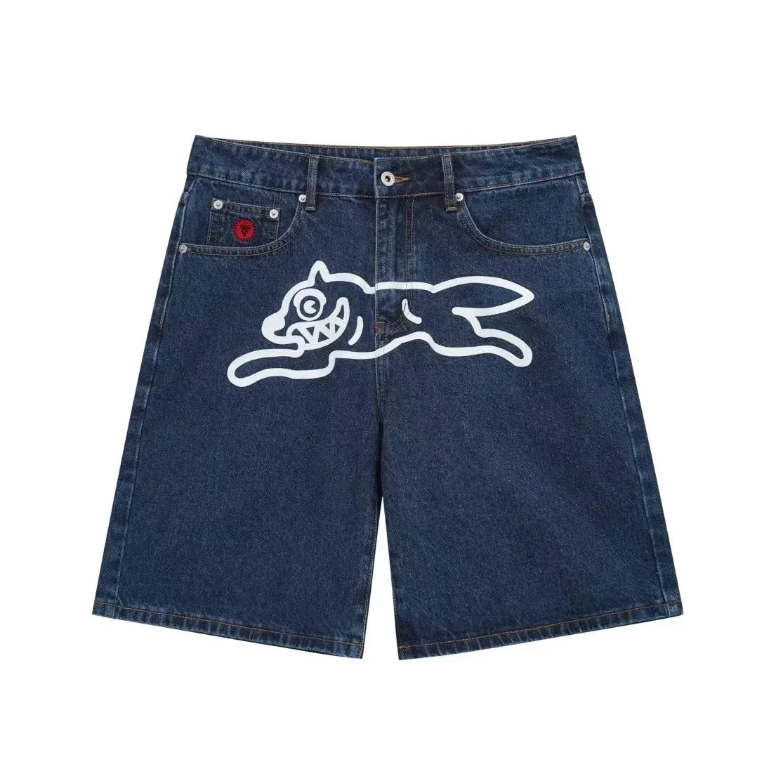 Hearujoy Summer New Fly Dog Hip Hop Graphic Printed Denim Shorts Mens Wide Leg Baggy Jeans Y2k Streetwear Fashion Knee Length Pants Jorts