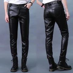 Hearujoy Men Leather Pants Slim PU Leather Trousers Fashion Elastic Motorcycle Leather Pants Waterproof Oil-Proof Male Bottoms Oversized